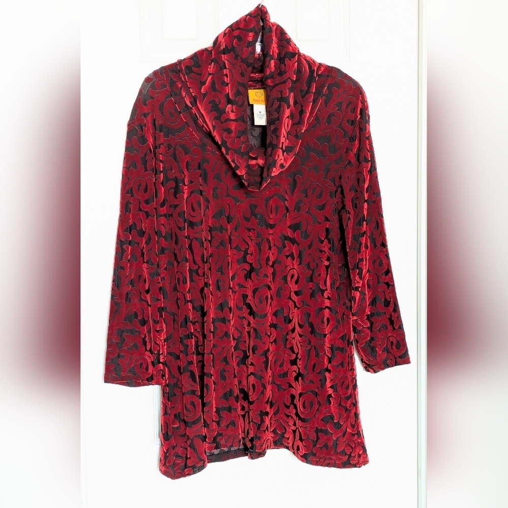 Ruby Rd. Women's Black Mesh & Red Crushed Velvet Cowl Neck Top/Tunic